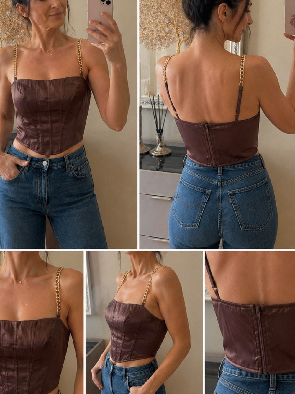 A Peach Brown Satin Corset Top Chain Straps Bustier Crop Top  
64
